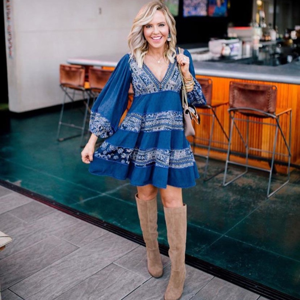 Free People Indigo Combo V neck dress